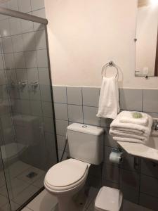 a bathroom with a toilet and a shower and towels at Estalagem Engenho de Serra - Parque Nacional do Itatiaia - Parte Alta in Itamonte