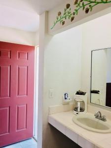 uma casa de banho com uma porta vermelha e um lavatório em Hotel y R.V. Park El Moro em Loreto