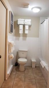 y baño con aseo, ducha y toallas. en 2-Bedroom Apartment #30A by Amazing Property Rentals, en Gatineau