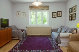 a living room with a couch and a tv at Riverview apartment Three Springs Tri Zvira in Zamost