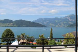 
a view from a balcony overlooking a lake at Seerausch Swiss Quality Hotel in Beckenried
