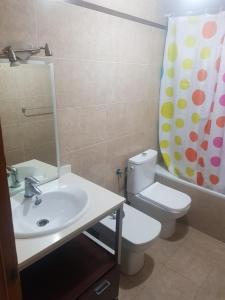 カステリョン・デ・ラ・プラナにあるcasucha da adrianaのバスルーム(洗面台、トイレ、シャワーカーテン付)