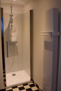 カステルレーにあるVakantieschuur Boerenzwaluwのバスルーム(ガラスドア付きのシャワー付)