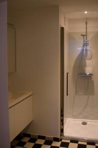 カステルレーにあるVakantieschuur Boerenzwaluwの黒と白のチェッカーフロアのバスルーム(シャワー付)