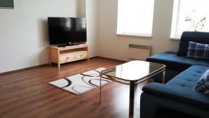 維爾布諾波布拉甸登的住宿－apartmány Gingo，客厅配有蓝色的沙发和电视