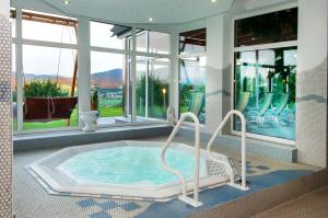 a hot tub in a room with windows at Richterhof Wellness Apartments Bayerischer Wald in Kollnburg