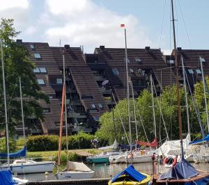 vor einem Gebäude angedockte Boote in der Unterkunft Yachthafenblick in Bad Zwischenahn