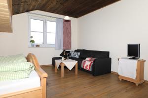 ein Wohnzimmer mit einem Sofa und einem TV in der Unterkunft Gasthof Beim Endeler in Missen-Wilhams