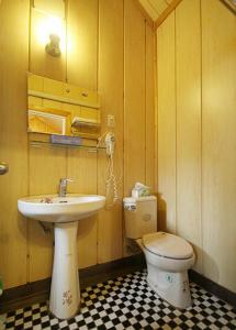 a bathroom with a sink and a toilet at 大湖底木屋民宿 in Gukeng