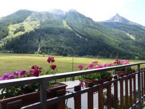 a balcony with flowers and a view of a mountain at La Maison De Chouflette in Cogne