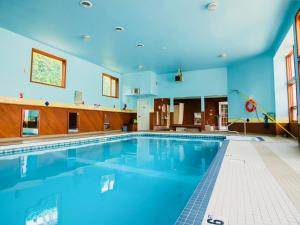 坎盧普斯的住宿－金絲汽車旅館，一座大型游泳池,位于一栋拥有蓝色天花板的建筑内