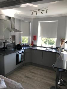 een keuken met een wastafel en een fornuis top oven bij Berkshire Serviced Apartment Helena 12 in Reading
