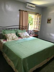 a bedroom with a bed with a green comforter and a window at Jungle Spa e Hotel in Rio Preto Da Eva