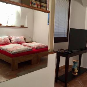 1 dormitorio con 1 cama y 1 mesa con TV en Guest House Santiago, en Arco