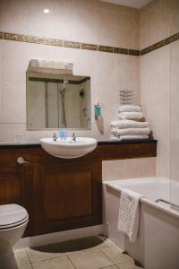 a bathroom with a sink and a toilet and a mirror at Inn On The Coast in Portrush