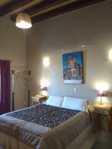 a bedroom with a bed, lamp and a painting on the wall at Posada Cavieres Wine Farm in Maipú