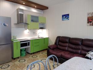 ゼリョンナヤ・ポリャナにあるApartments on Kurortnaya 33のリビングルーム(ソファ付)、キッチン(緑のキャビネット付)