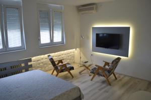 a bedroom with a bed and two chairs and a flat screen tv at Lazarus Studio Apartment in Skopje