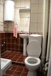 a bathroom with a toilet and a sink and a mirror at Lazarus Studio Apartment in Skopje