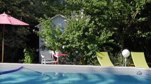 una piscina con sedie, tavolo e ombrellone di La Ferme de Thoudiere a Saint-Étienne-de-Saint-Geoirs