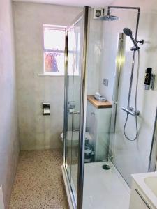 a shower with a glass door in a bathroom at The Eyre Square Townhouse in Galway