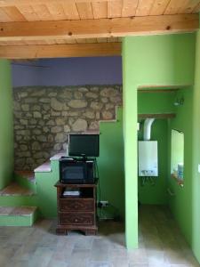 a living room with a green wall and a tv at Casetta in Sassi in Varzi