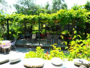 a garden with a pergola and a table and chairs at Felitsia Apartments & Studios in Agios Ioannis Pelio