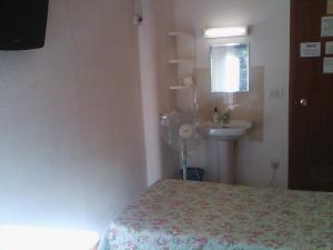 Dormitorio pequeño con cama y lavamanos en Hostal Central Zaragoza, en Zaragoza