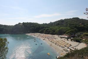 una playa con un montón de sombrillas y barcos en el agua en casa azzurra piano terra, en Fetovaia