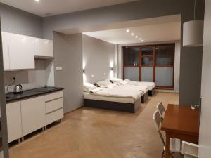 2 posti letto in una camera con cucina e tavolo di Apartamenty Bednarska 2a a Gliwice