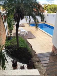 a palm tree in a yard next to a swimming pool at Hotel Masseilot in Santana do Livramento