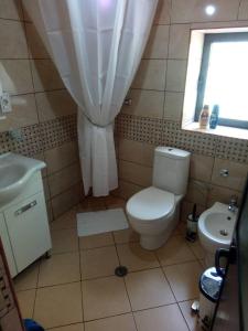 a bathroom with a toilet and a sink and a window at Bujtina Ahmetaj in Valbonë