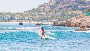 una persona montando una ola en una tabla de surf en el océano en Surf Hostel Cabo "The Riptide", en San José del Cabo