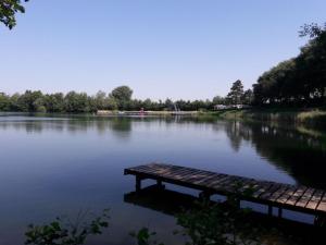 a wooden bench sitting in the middle of a lake at Zur alten Schmiede in Ladelund