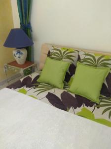 a bed with two green pillows and a blue lamp at les alicantes in Coursan