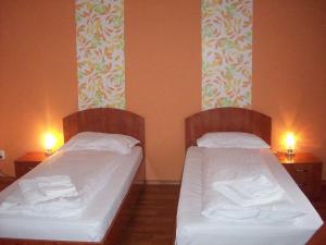 two twin beds in a room with two lamps at Pensiunea Sydney in Timişoara