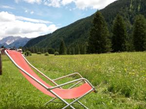 une chaise rouge assise dans un champ d'herbe dans l'établissement Hotel Stella Alpina, à Falcade