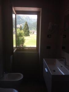a bathroom with a sink and a window with a view at Hotel Stella Alpina in Falcade