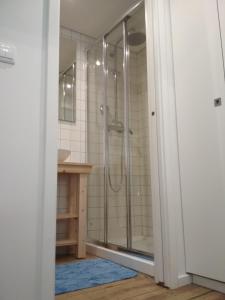 a bathroom with a shower and a blue rug at Cassiopeia Duplex in Setúbal