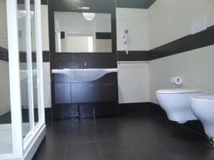 bagno con lavandino, servizi igienici e specchio di B&B Il Quadrifoglio a San Vito dei Normanni