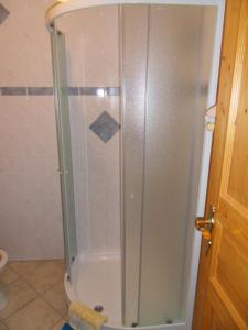 a shower with a glass door in a bathroom at Apartma Slavc in Kranjska Gora