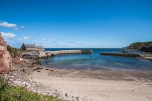 une piscine d'eau sur une plage avec une maison en arrière-plan dans l'établissement Lizzies Cottage, à Berwick-upon-Tweed