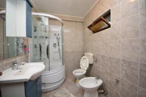 a bathroom with a sink and a toilet and a shower at Villa Una Dvoslap in Bihać