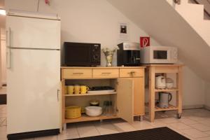 ブラウンシュヴァイクにあるPension Lammeのキッチン(冷蔵庫、電子レンジ付)