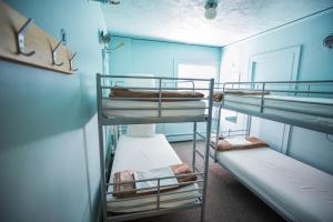 2 łóżka piętrowe w pokoju z niebieskimi ścianami w obiekcie American Hotel Hostel w mieście Seattle