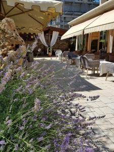patio z fioletowymi kwiatami, stołami i krzesłami w obiekcie Hotel Euromar w mieście Marina di Massa