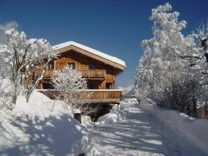 a log cabin in the snow with snow covered trees at Chalet Altitude 1057 in Chamonix