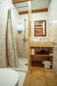 a bathroom with a shower and a toilet and a sink at Casa Checa Apartment 1 in Cotillo +25 photos