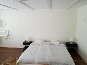 a white bedroom with a large bed and two night stands at Coffeecamp-Kovilj in Kovilj