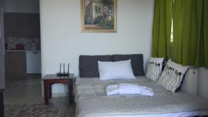 a bed in a room with a green curtain at Victoria's Summer house in Lixouri